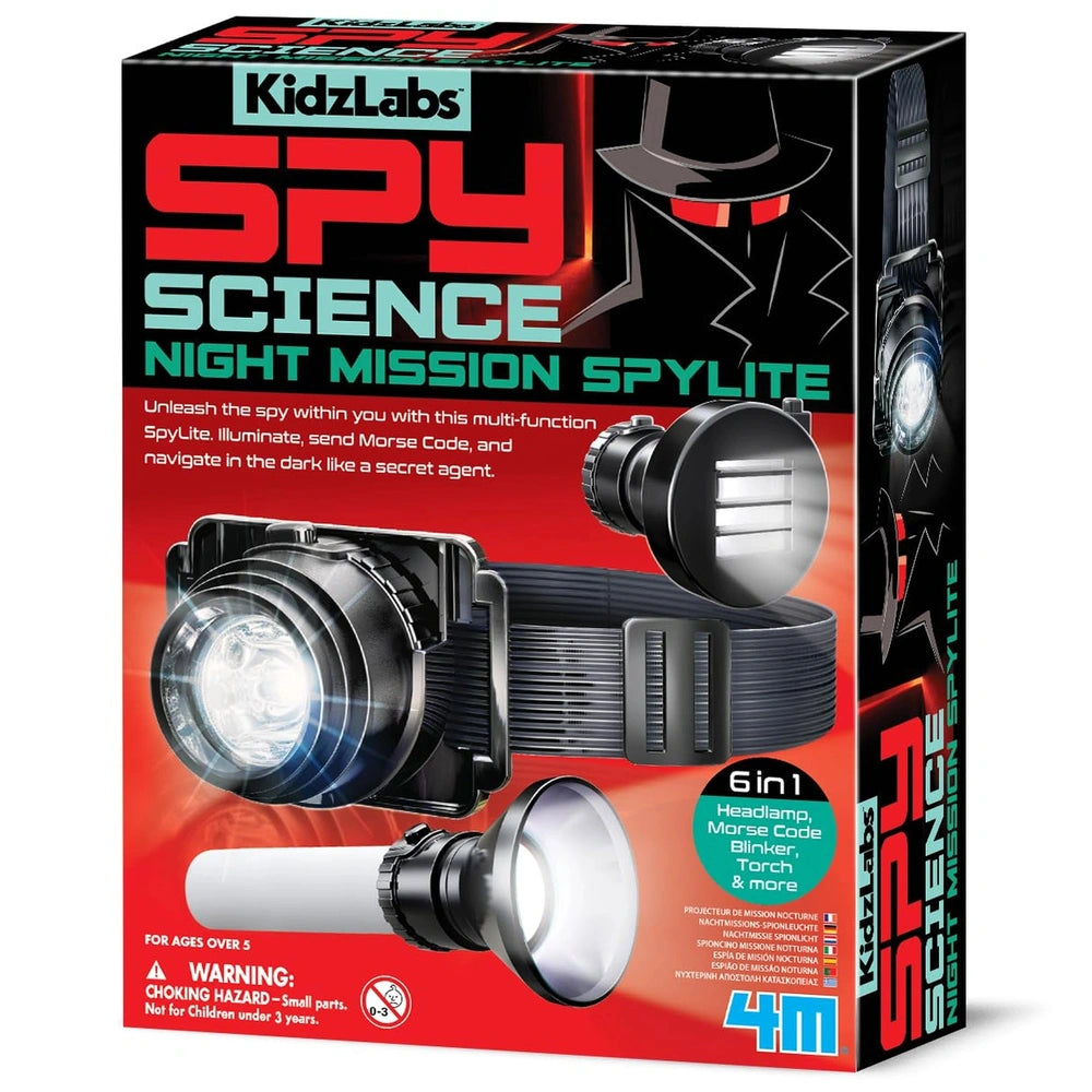 4M KidzLabs Spy Science Night Mission Spylite box features a black flashlight with white lens and red/white text on black bac