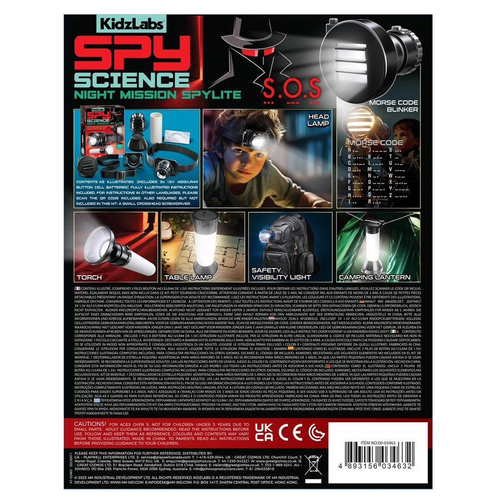 4M KidzLabs Spy Science Night Mission Spylite toy playset features various spy gear on glossy cardboard packaging with vibran
