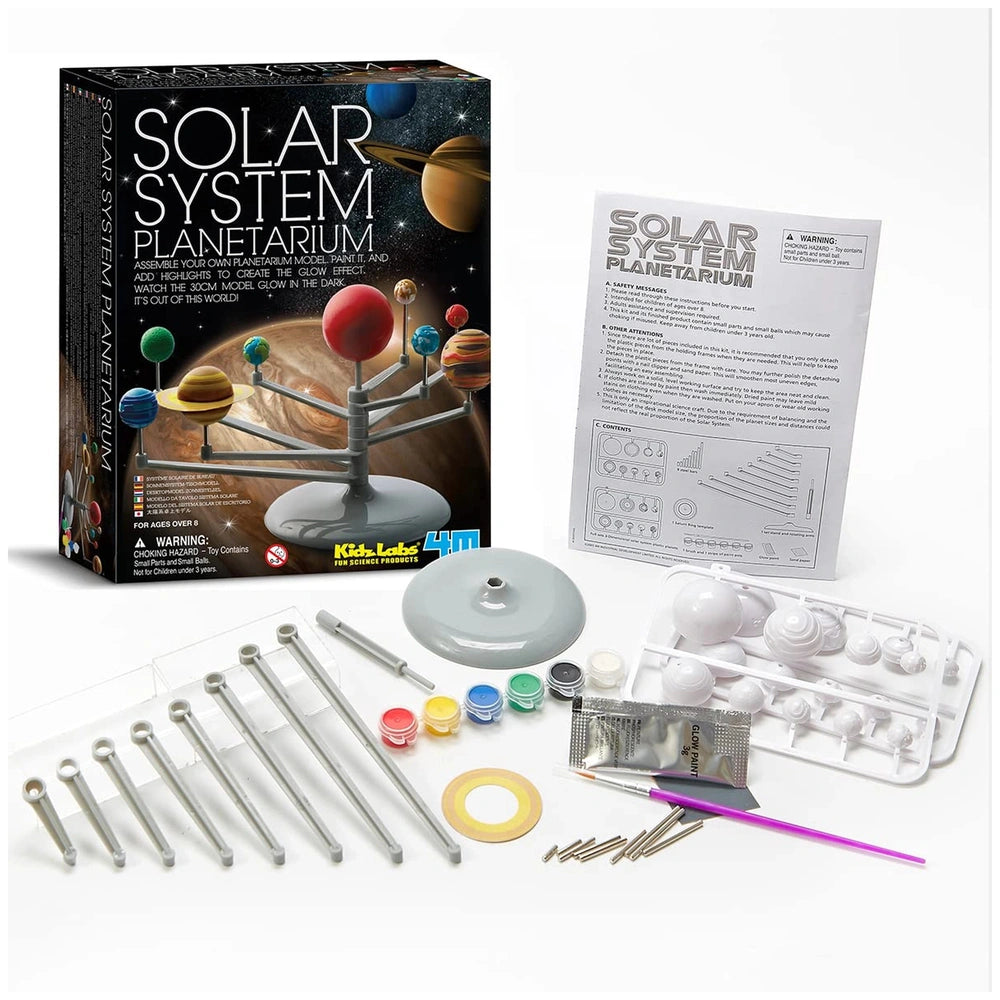 4M KidzLabs Planetarium model with red and yellow planets, gray base, and a white-purple paintbrush in a clear tray.