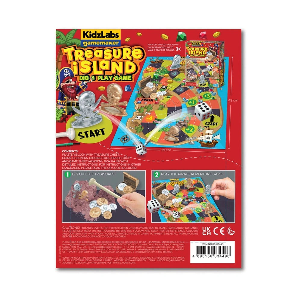 KidzLabs Treasure Island Dig & Play Game packaging features a pirate figure, colorful dice, and glossy red cardboard design.