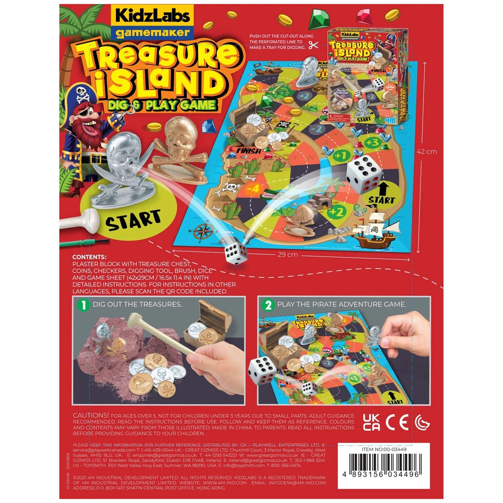 KidzLabs Treasure Island Dig & Play Game packaging features bold yellow and white text on glossy red paper, promoting a pirat
