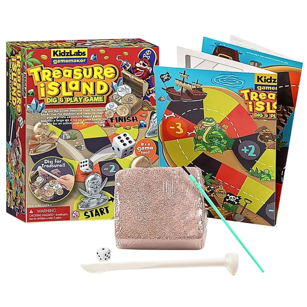 KidzLabs Treasure Island Dig & Play Game packaging features a colorful game board, white die, and vibrant graphics on matte c