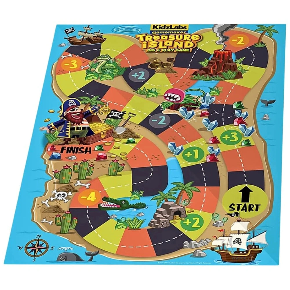 KidzLabs Treasure Island Dig & Play Game board features colorful sections with pirate symbols, numbers, and "START" in a glos