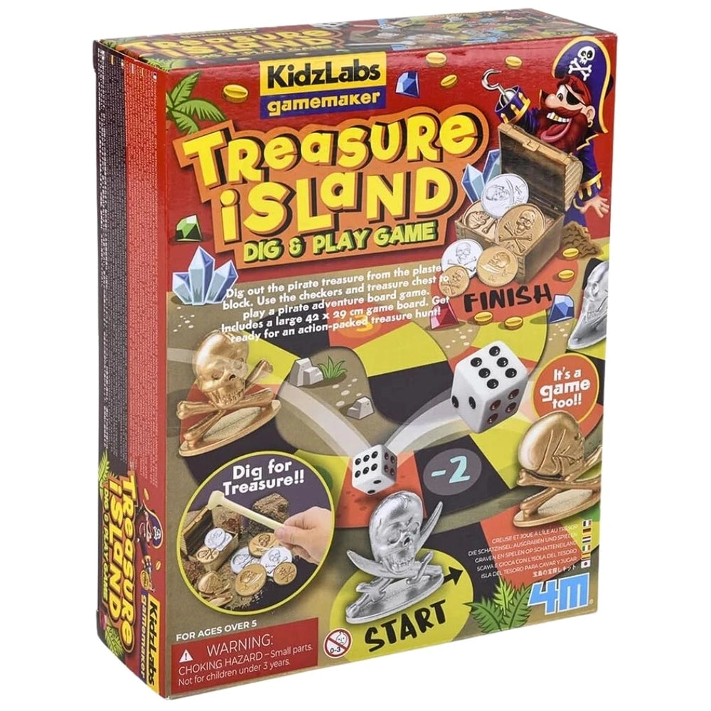 KidzLabs Treasure Island Dig & Play Game packaging features colorful pirate illustrations, including a chest, hat, and skull.