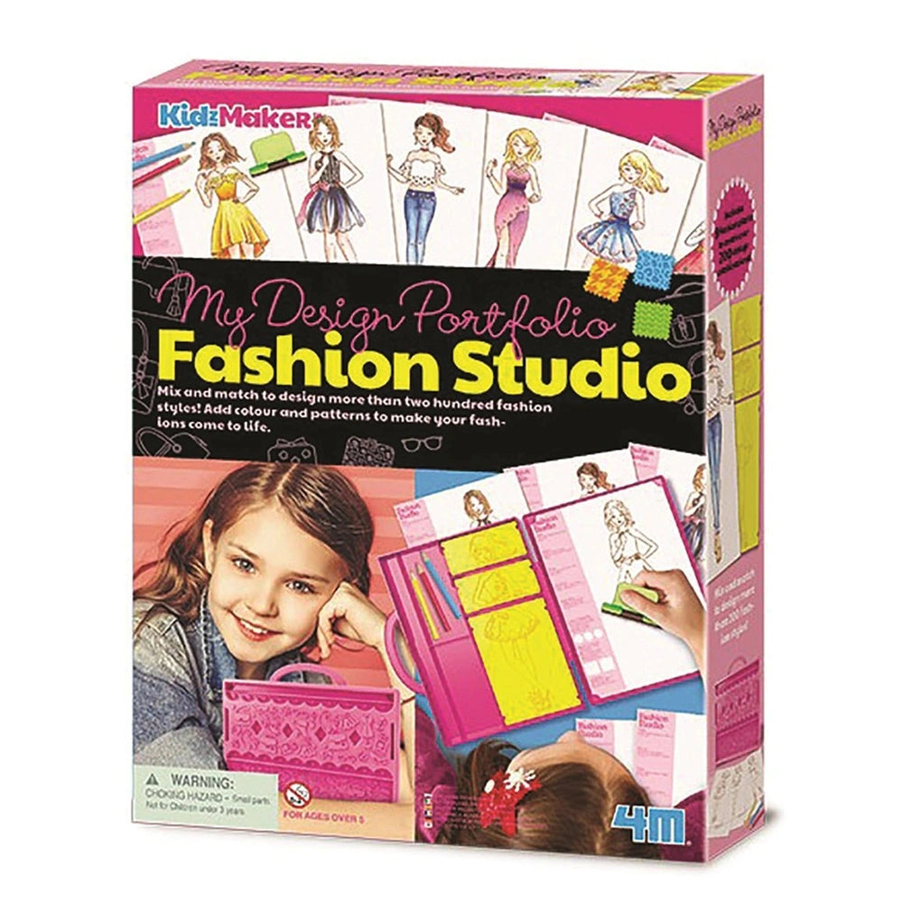 4M KidzMaker My Design Portfolio Fashion Studio packaging features a pink glossy background with white text and fashion illus