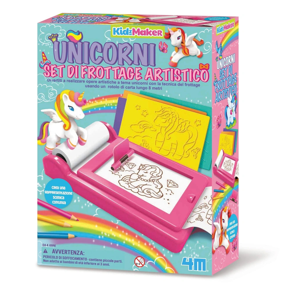 4M KidzMaker Unicorn Rub Art Studio packaging features a glossy cardboard design with a colorful unicorn illustration and dra
