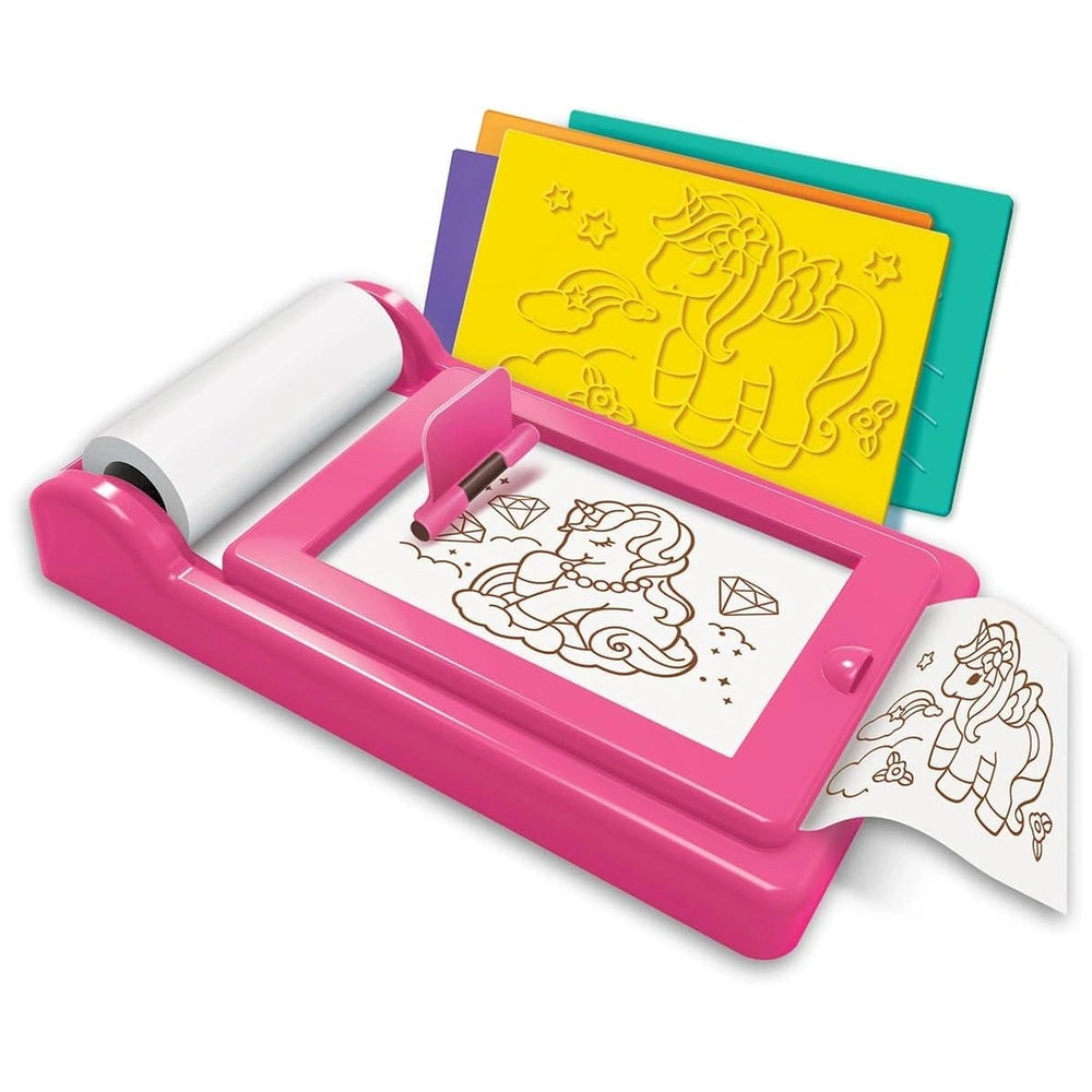 4M KidzMaker Unicorn Rub Art Studio in glossy pink plastic with multiple colorful paper rolls for arts and crafts activities.