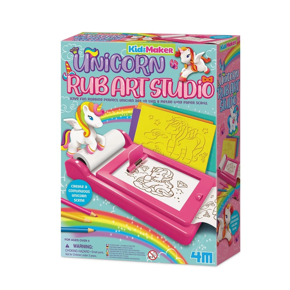 KidzMaker Unicorn Rub Art Studio packaging features a white unicorn with pink mane, drawing tablet, and colorful rainbow desi