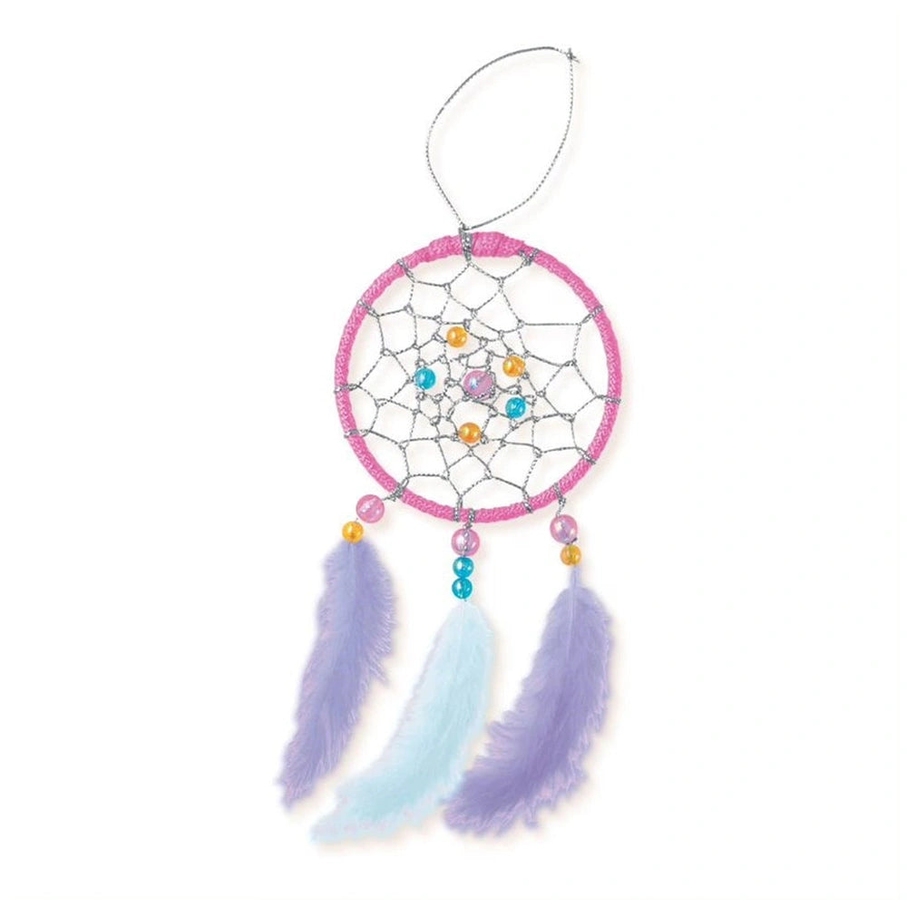 4M Little Craft Dream Catcher Making Kit featuring pink and white border, blue, yellow, and pink beads, and purple and blue f
