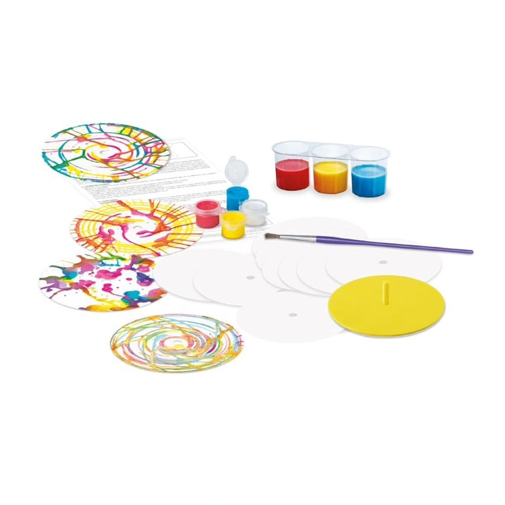 4M Little Craft Spin Art set with plastic tray, paintbrush, palette, and colorful paint designs on paper.