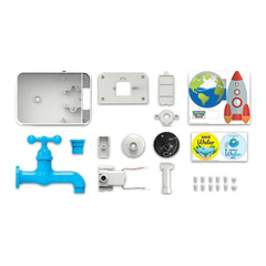 4M Magic Water Tap features shiny silver metallic parts, glossy white plastic connectors, and colorful rocket and globe graph