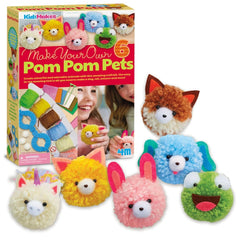 4M Make Your Own Pom Pom kit in red packaging features colorful images of crafted animals and crafting materials through a cl
