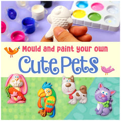 4M Mould & Paint Cute Pets kit with colorful plastic containers and sculptures on a green background for crafting six magnets
