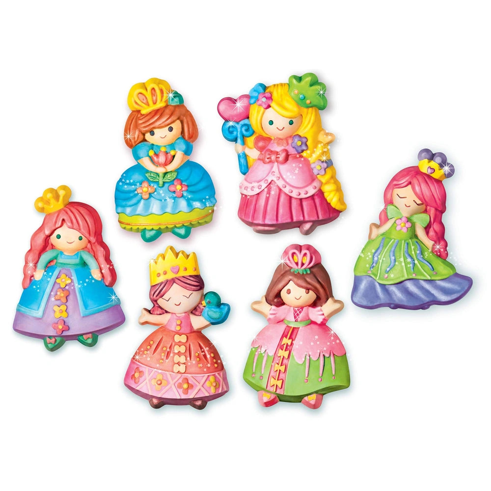 4M Mould & Paint Glitter Crafts set featuring six colorful plastic princess dolls with crowns and unique hairstyles.