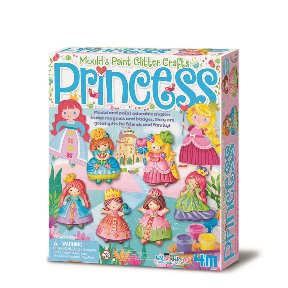 4M Mould & Paint Glitter Crafts packaging features colorful princess and castle illustrations on a pink cardboard background.