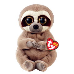 Plush sloth toy with a red tag on a white background