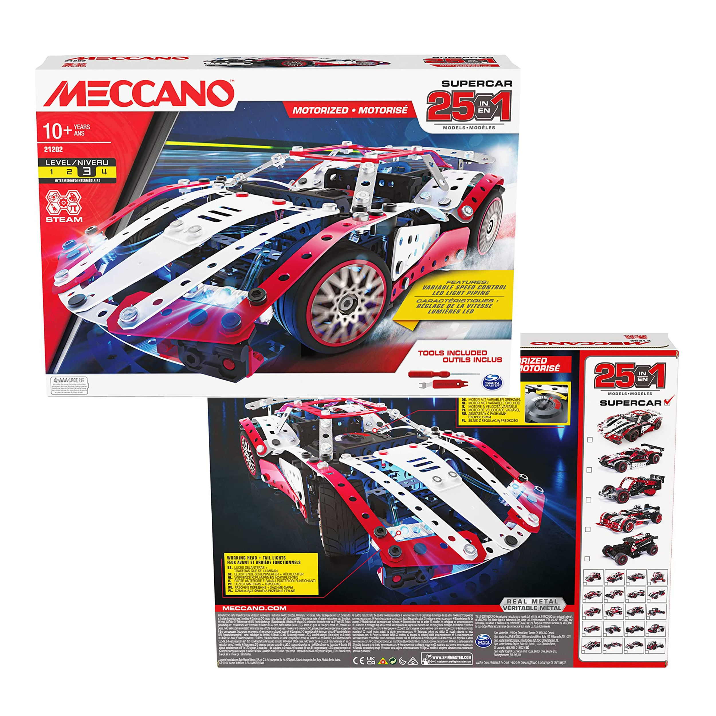 Meccano, 10-in-1 Racing Vehicles STEM Model Building Kit with 225 Parts and  Real Tools