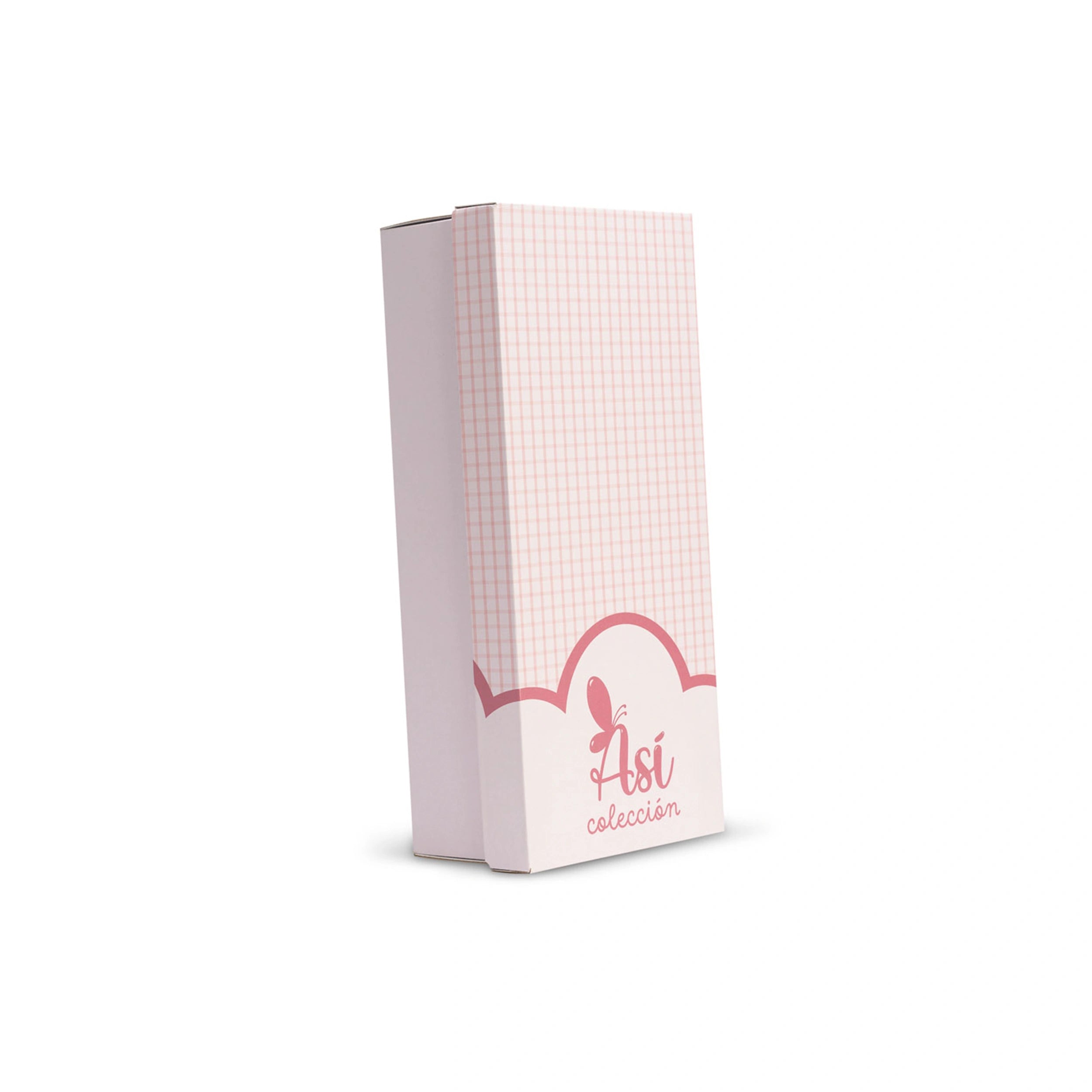ASI Dolls packaging with a pink checkered pattern and butterfly logo.