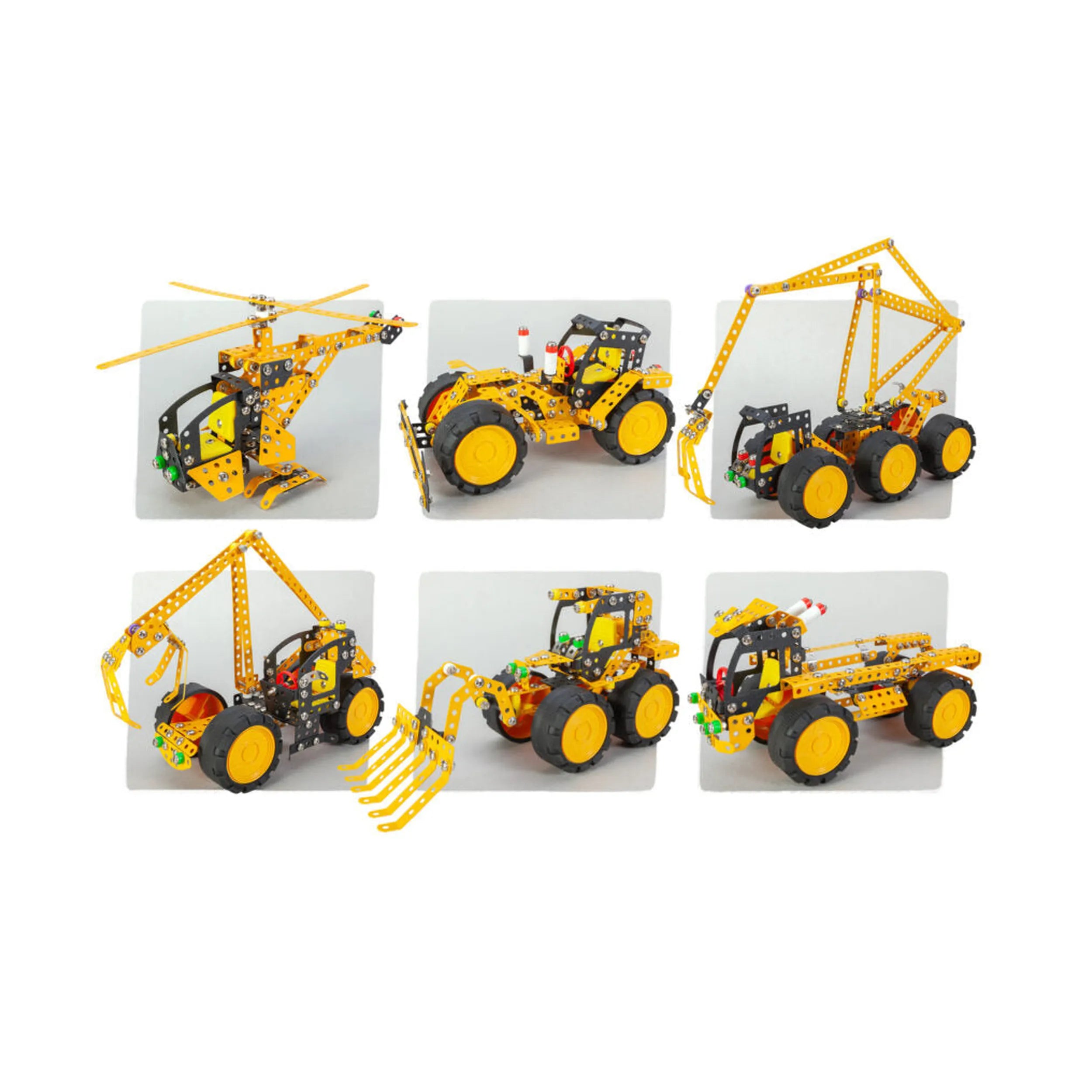 Six assembled construction vehicles including a helicopter, loader, and bulldozer in yellow and black from the Alexander series.