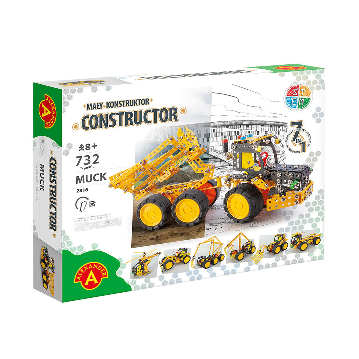 Box of Alexander Pro Muck Truck Constructor Set showing a yellow six-wheel construction vehicle design.