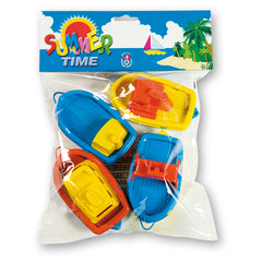 Four multicolor toy boats in a clear bag with "Summer Time" text, featuring blue, red, and yellow designs.
