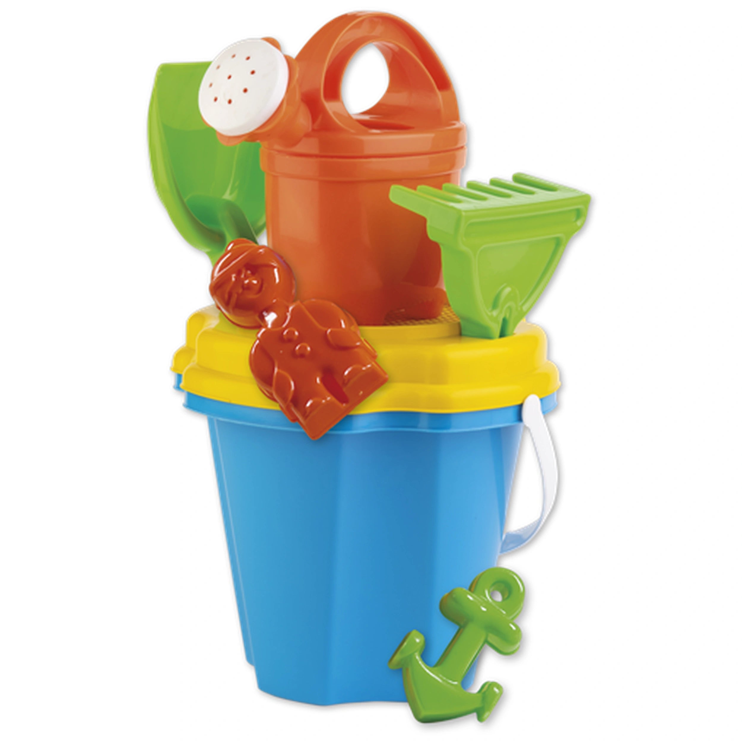 Blue Ciprus bucket with yellow lid, orange watering can, green shovel and rake, and toy molds shaped like a bear and anchor.