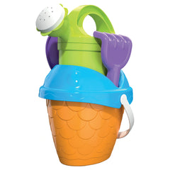 Vibrant fish-shaped orange bucket with blue rim, green watering can, purple shovel and rake, perfect for beach play.