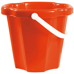 Orange beach bucket with a white handle, designed for outdoor play and sandcastle building, made from durable, recyclable plastic.