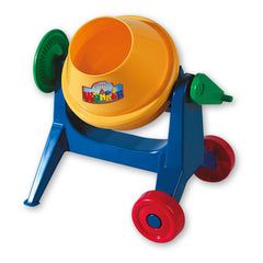 Colorful toy cement mixer with yellow drum, blue frame, red wheels, and green crank, designed for children's beach play.