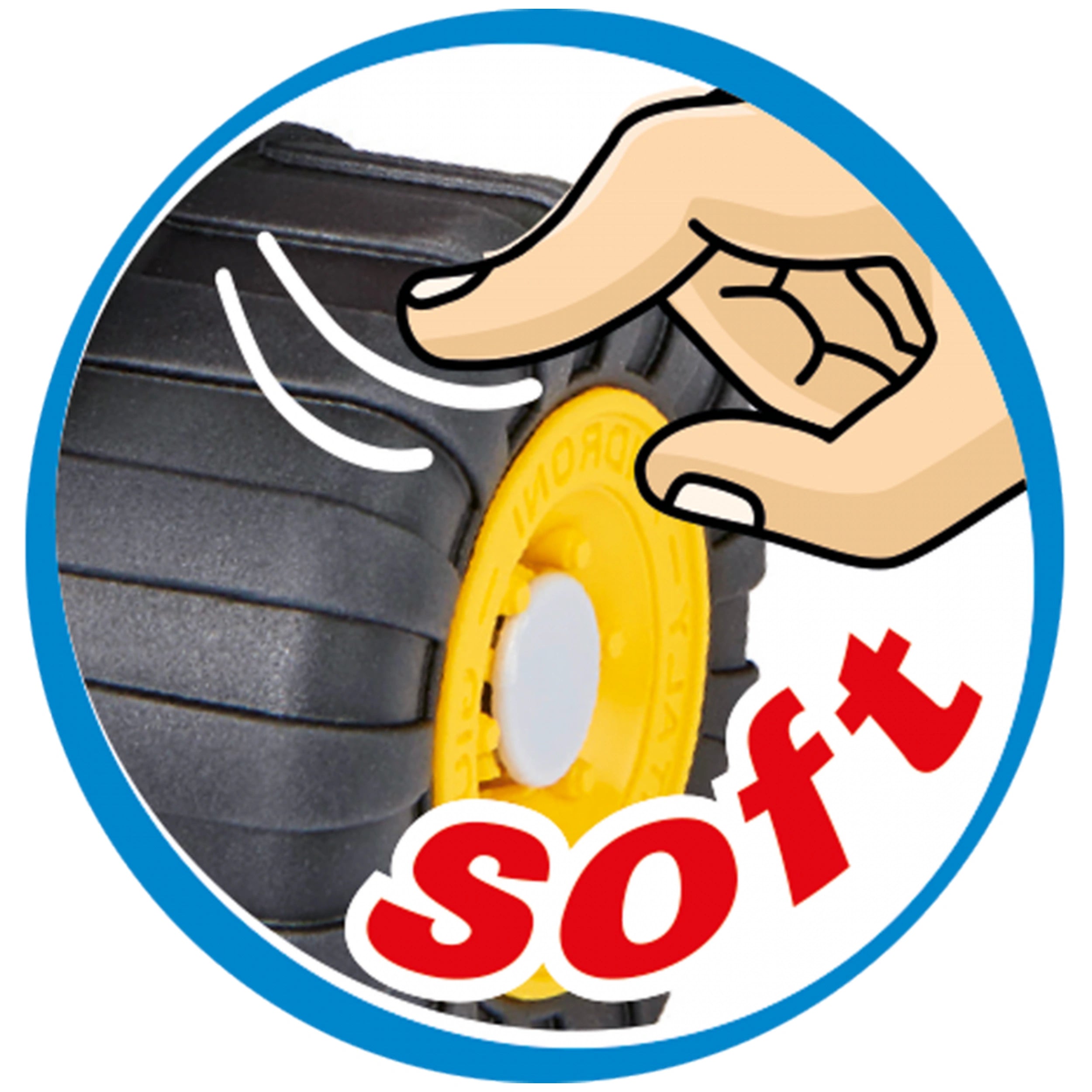 Soft-touch Androni Earthmoving Truck wheel with yellow center and squeezing hand graphic.