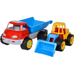 Red androni truck with blue tipper and yellow bulldozer, designed for creative play.