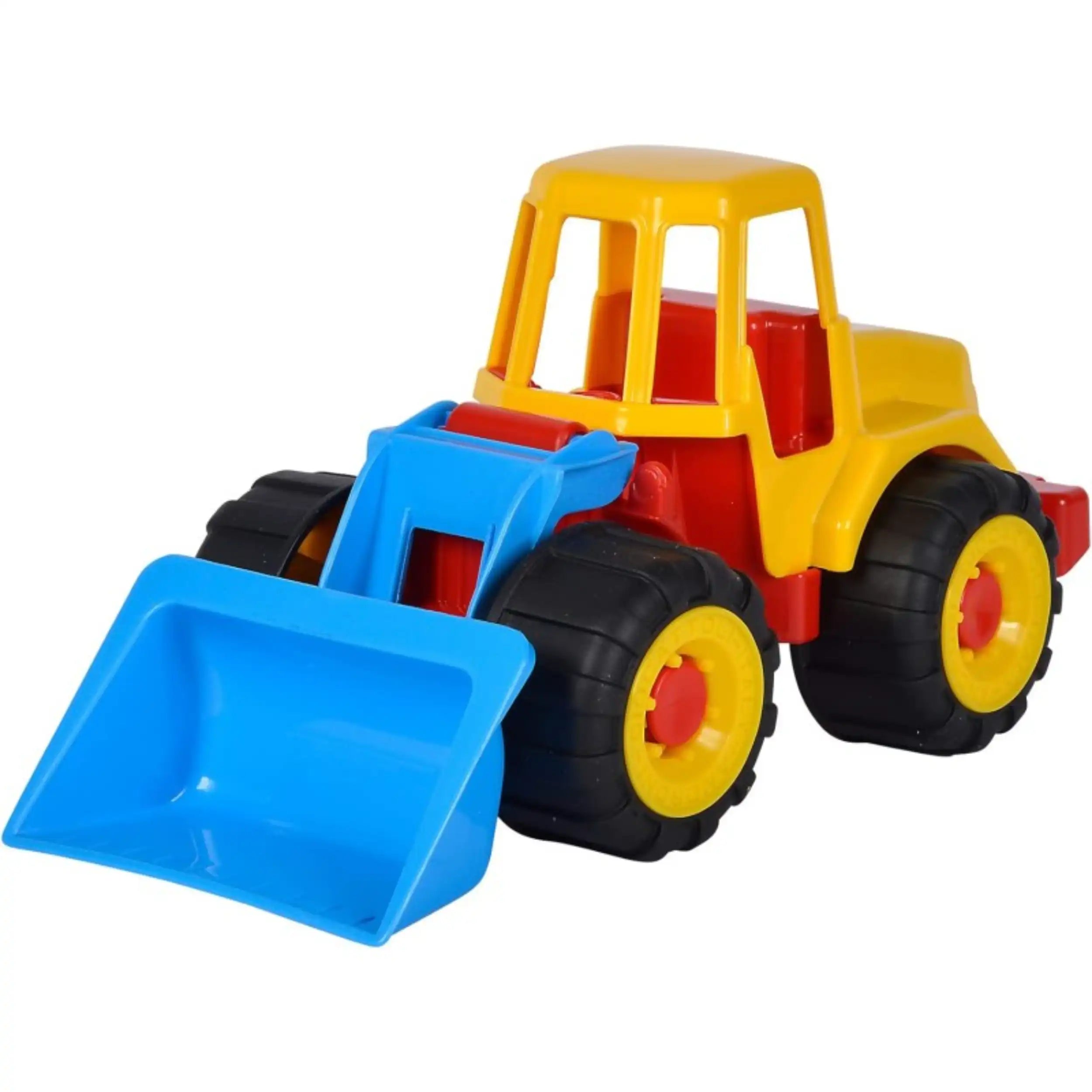 Brightly colored toy bulldozer with yellow, red, and blue parts, featuring large black wheels.
