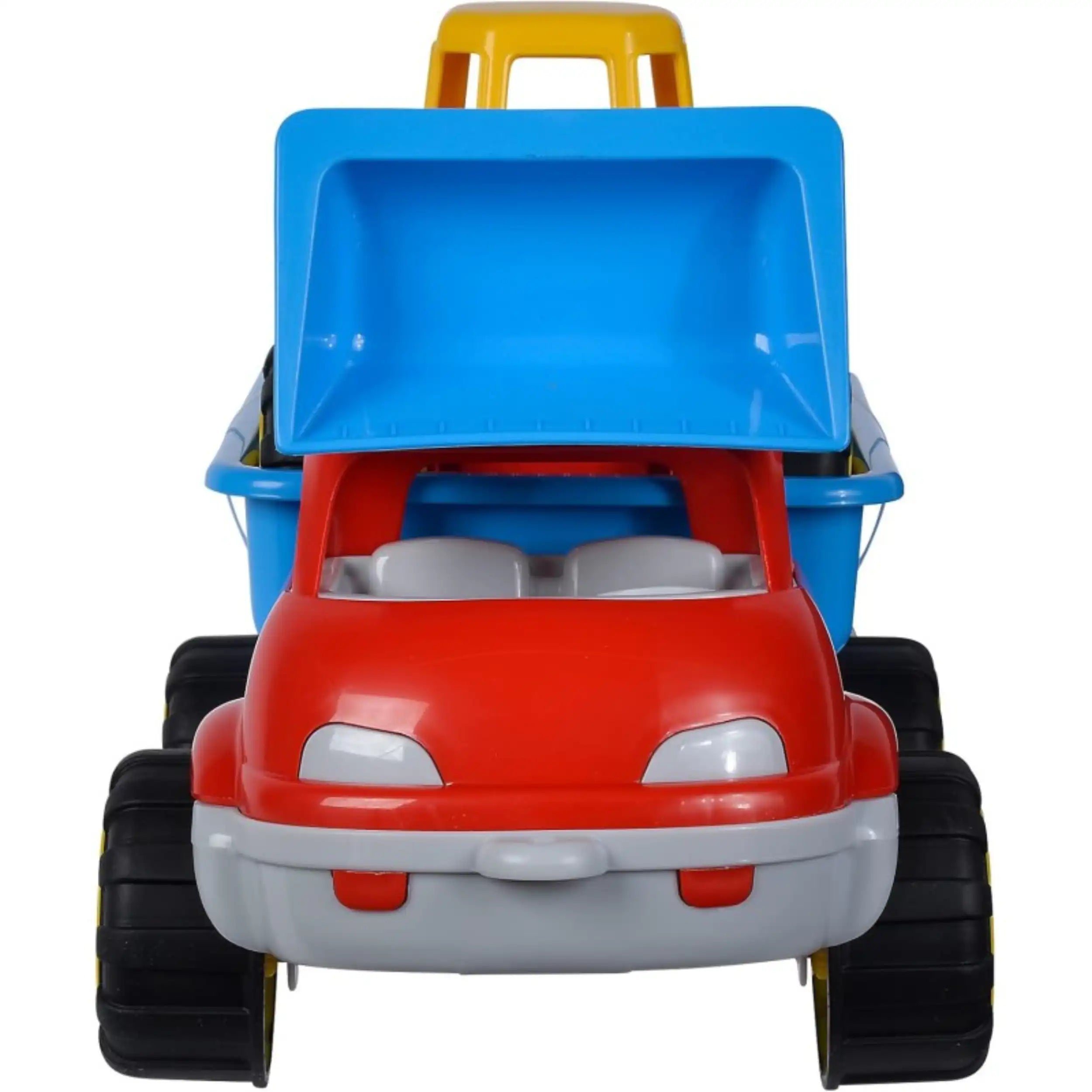 Red and blue plastic earthmoving truck toy with black wheels and yellow accents, seen from the front.