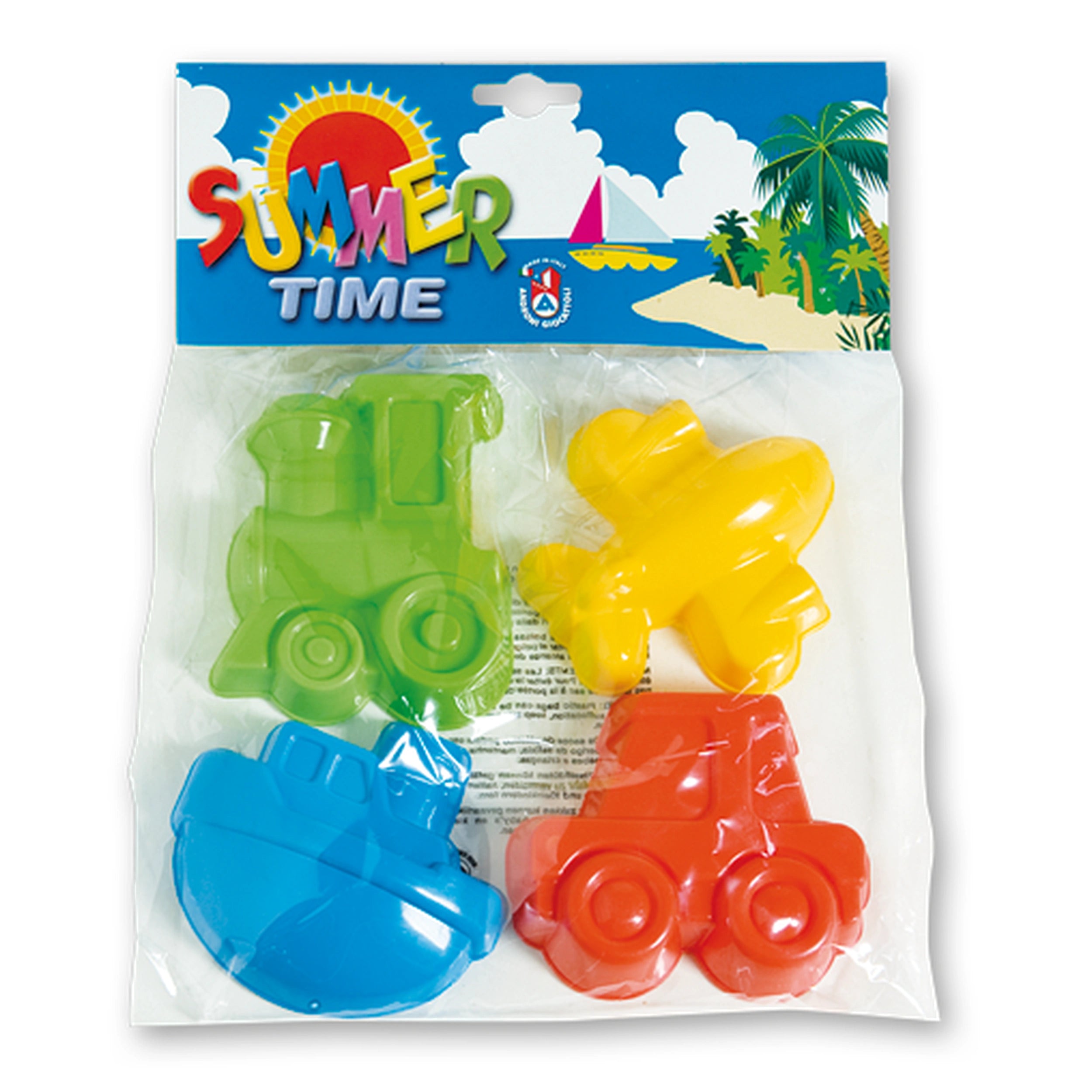 Colorful sand moulds set featuring green tractor, yellow airplane, blue boat, and red car in plastic packaging.