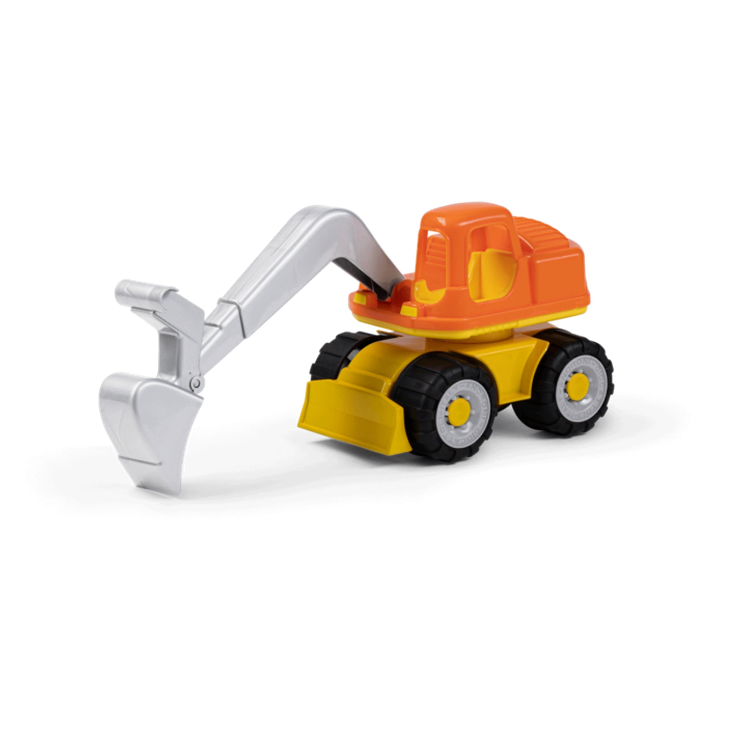 Orange and yellow toy excavator with a silver arm, part of Androni Trucks collection.