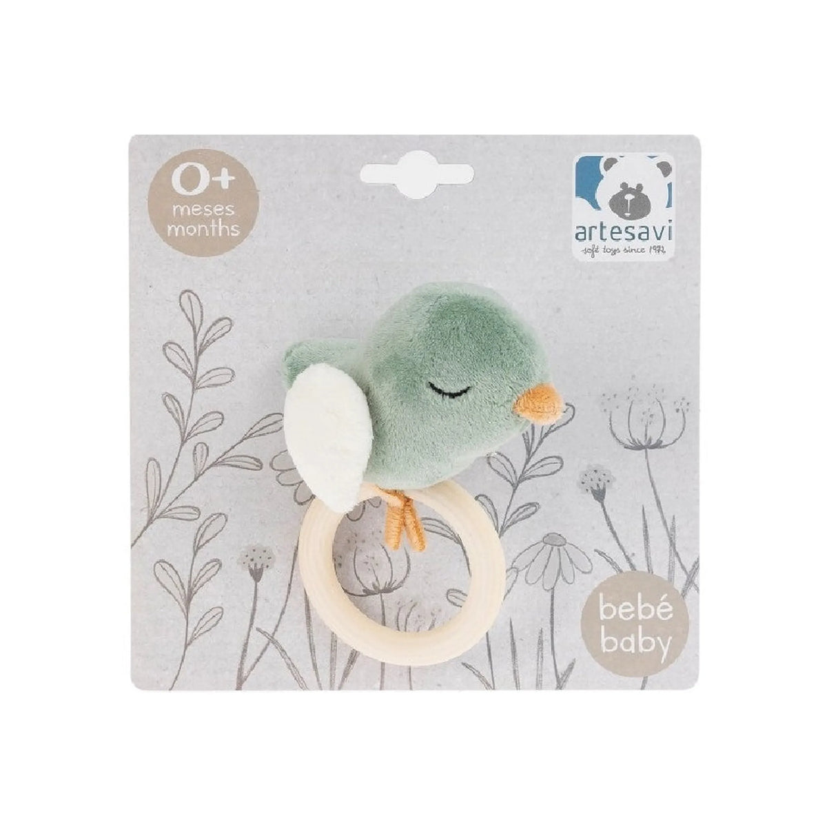 Soft green bird plush rattle with white wings and orange beak on decorative packaging, suitable for newborns.
