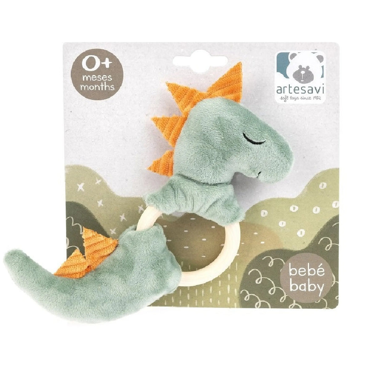 Soft green dinosaur rattle plush with orange spikes and wooden ring on decorative card, ideal for sensory play.