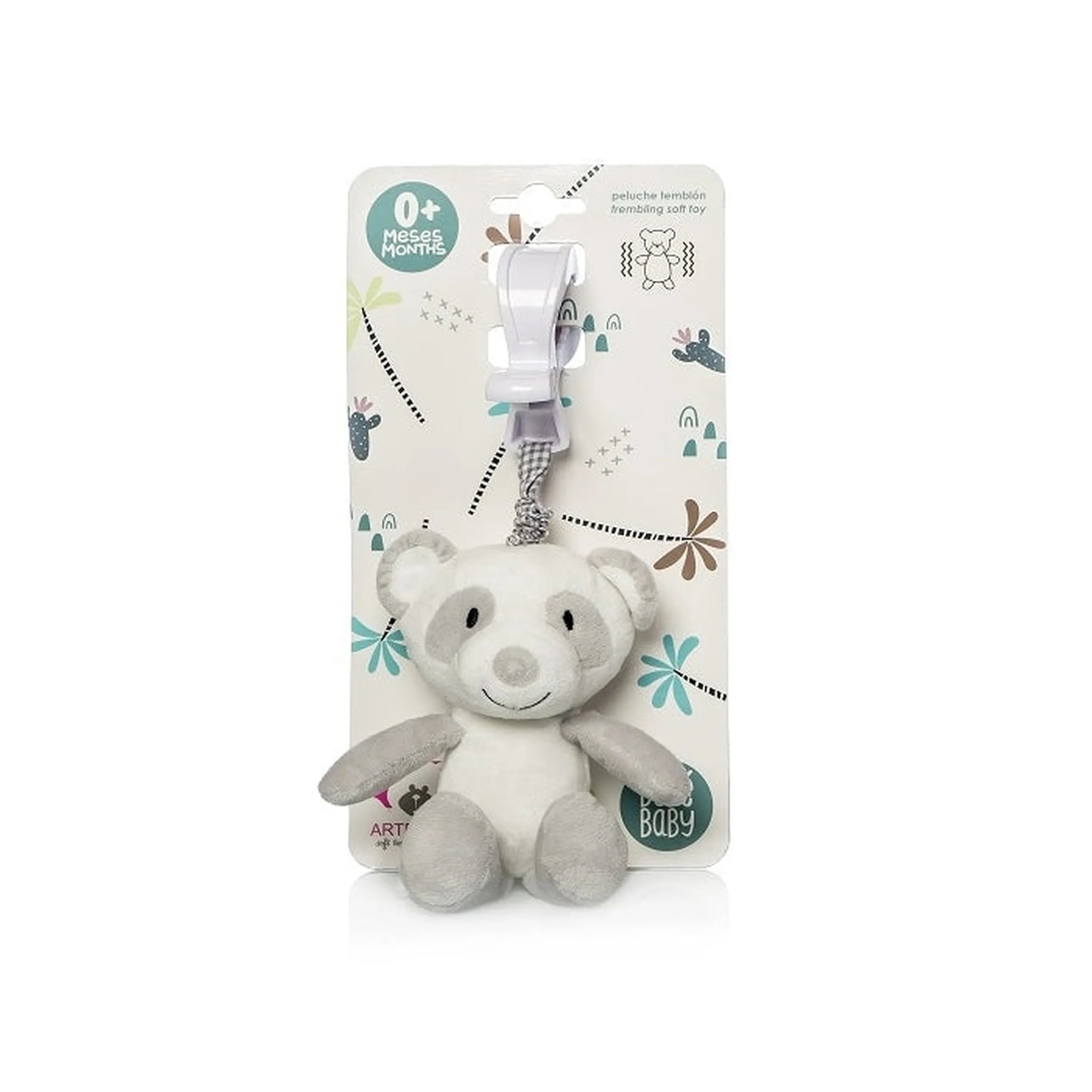 Gray and white Artesavi Panda Rattle Plush with a clip, suitable for newborns, displayed on decorative packaging.