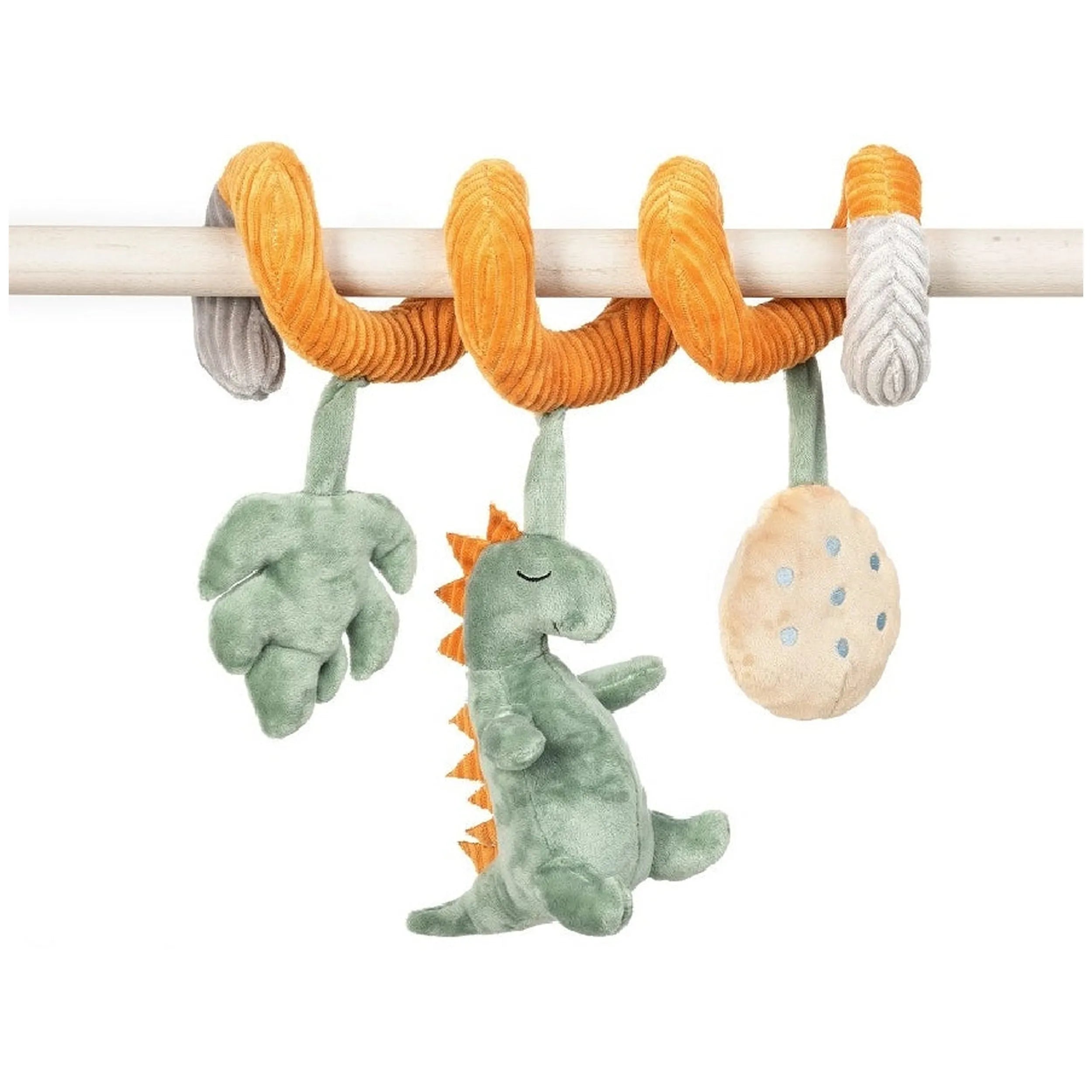 Orange spiral dinosaur plush rattle with hanging green dinosaur and leaf, and beige circle, attached to a bar.