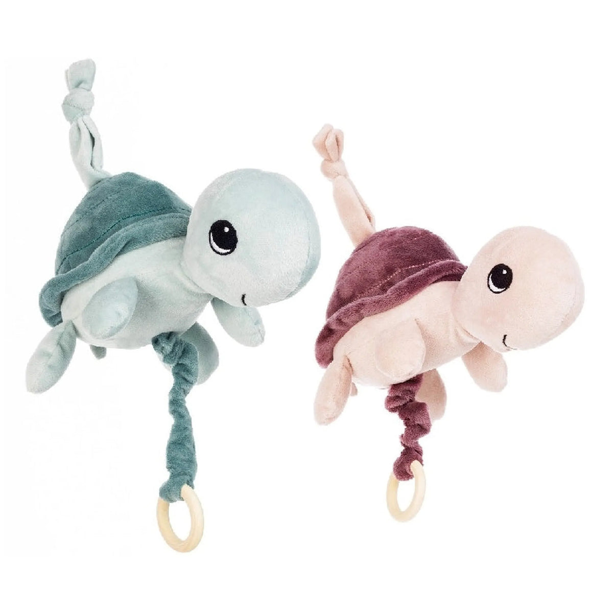 Two turtle plush carillons in pastel green and pink, each with friendly faces and pull rings for soothing melodies.