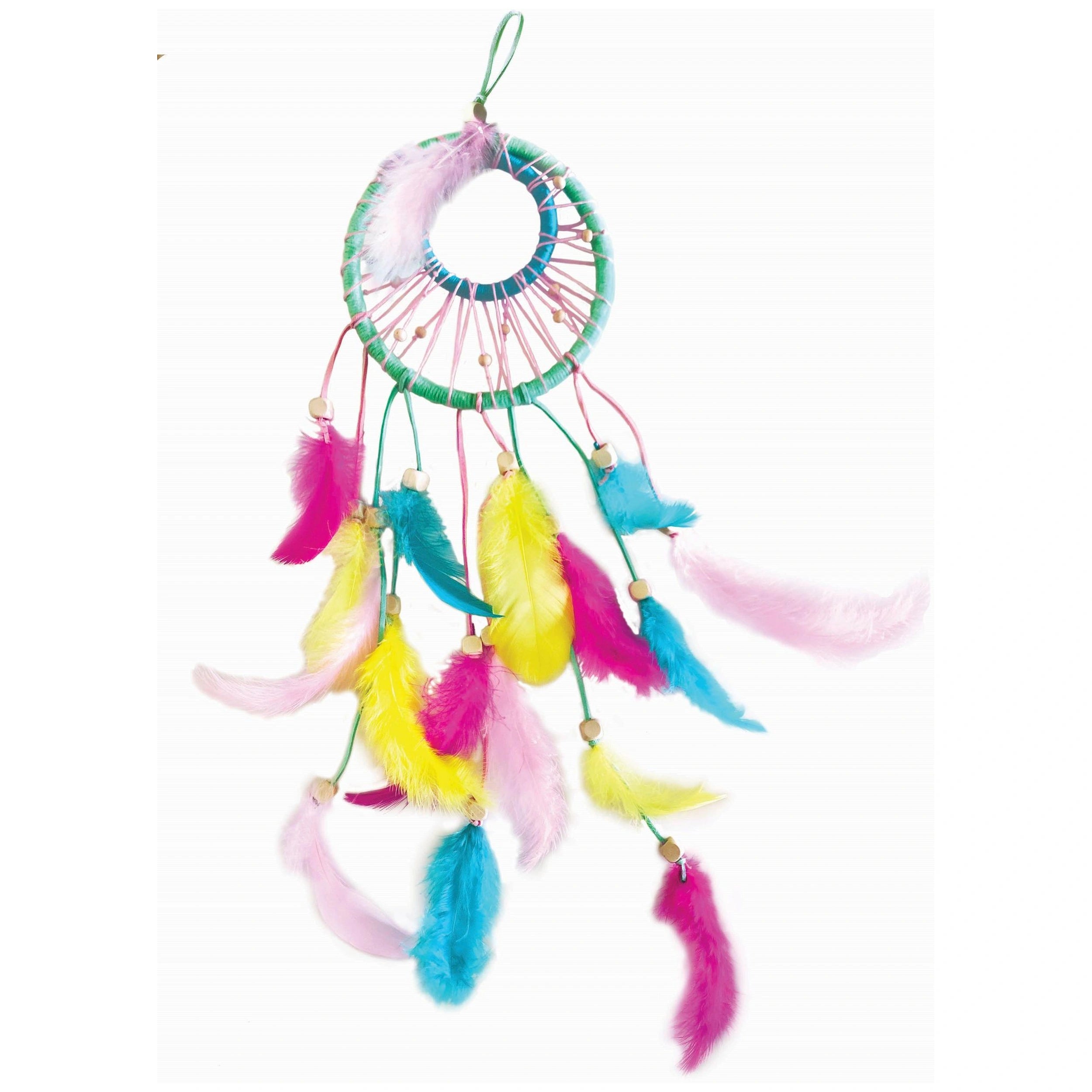 Colorful dream catcher with pink, yellow, blue, and purple feathers and wooden beads hanging from a woven ring.