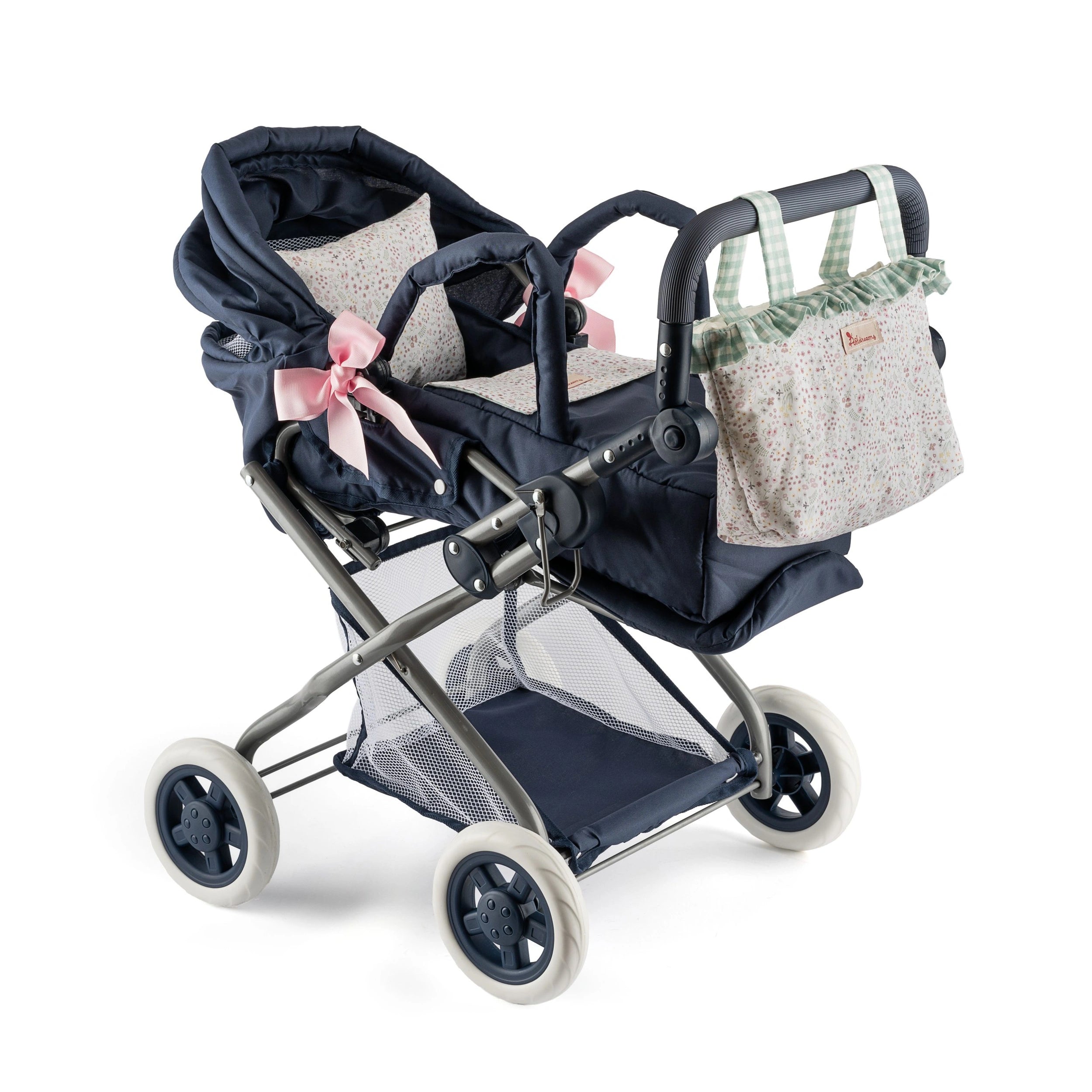 Navy blue doll stroller with a floral canopy and pink bows, designed for 36–46 cm dolls.