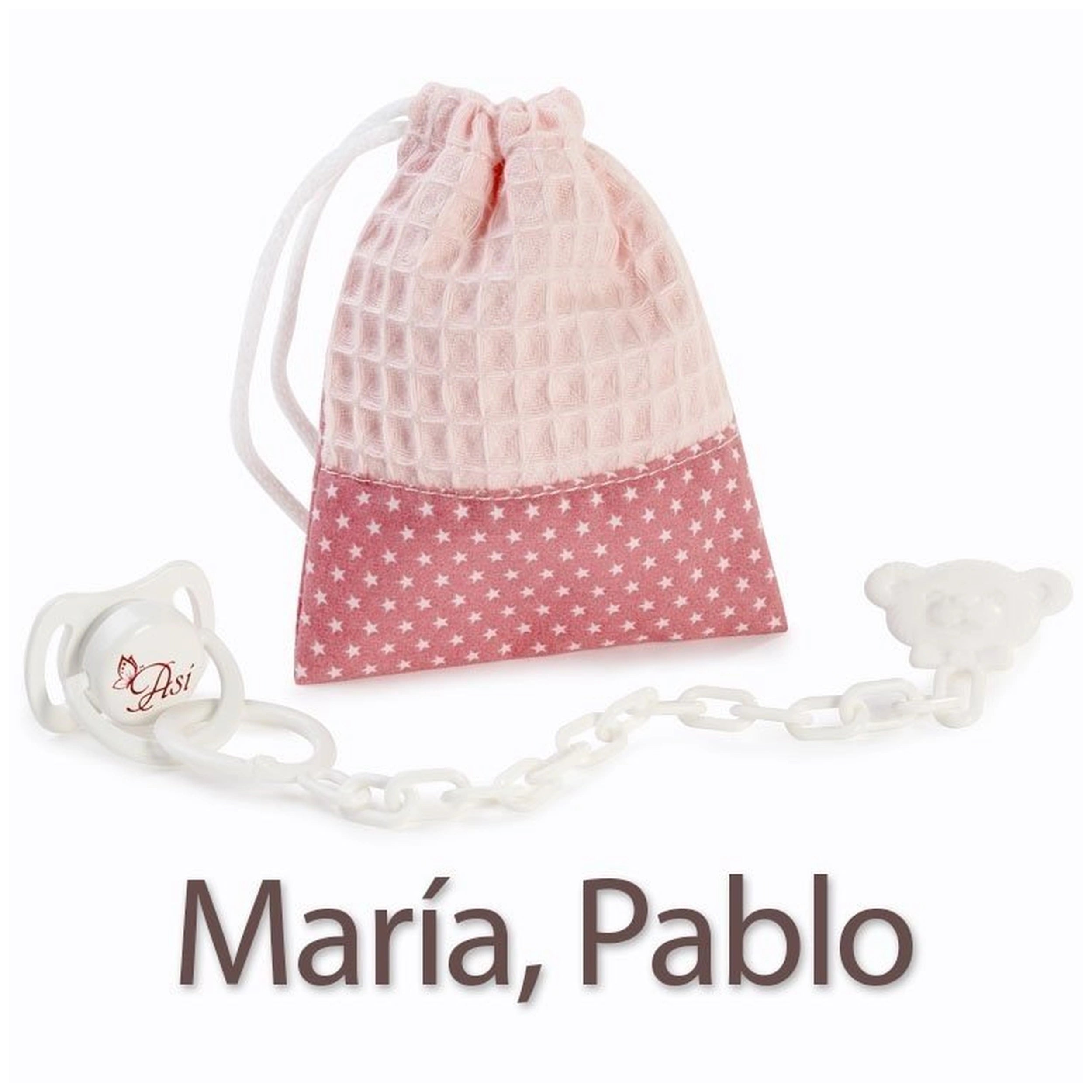 Pink bag with white stars and a pacifier for María and Pablo dolls.
