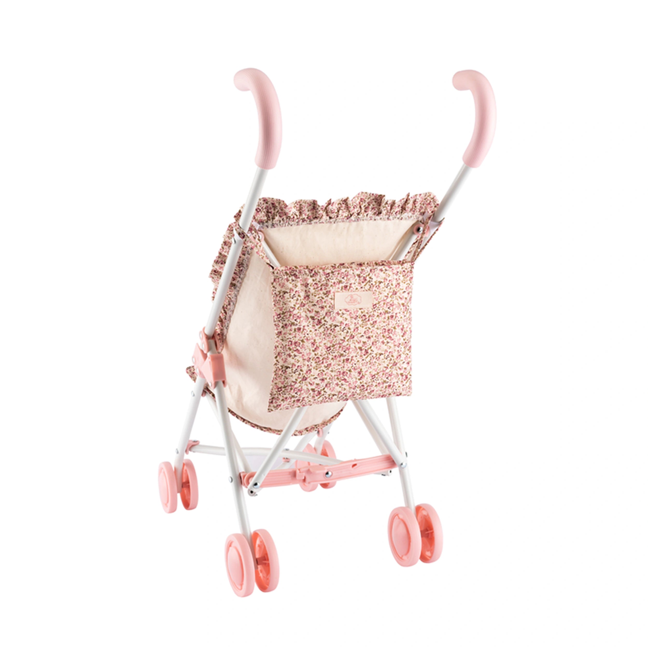 Pink-handled stroller with floral-patterned fabric and pink wheels, designed for dolls.
