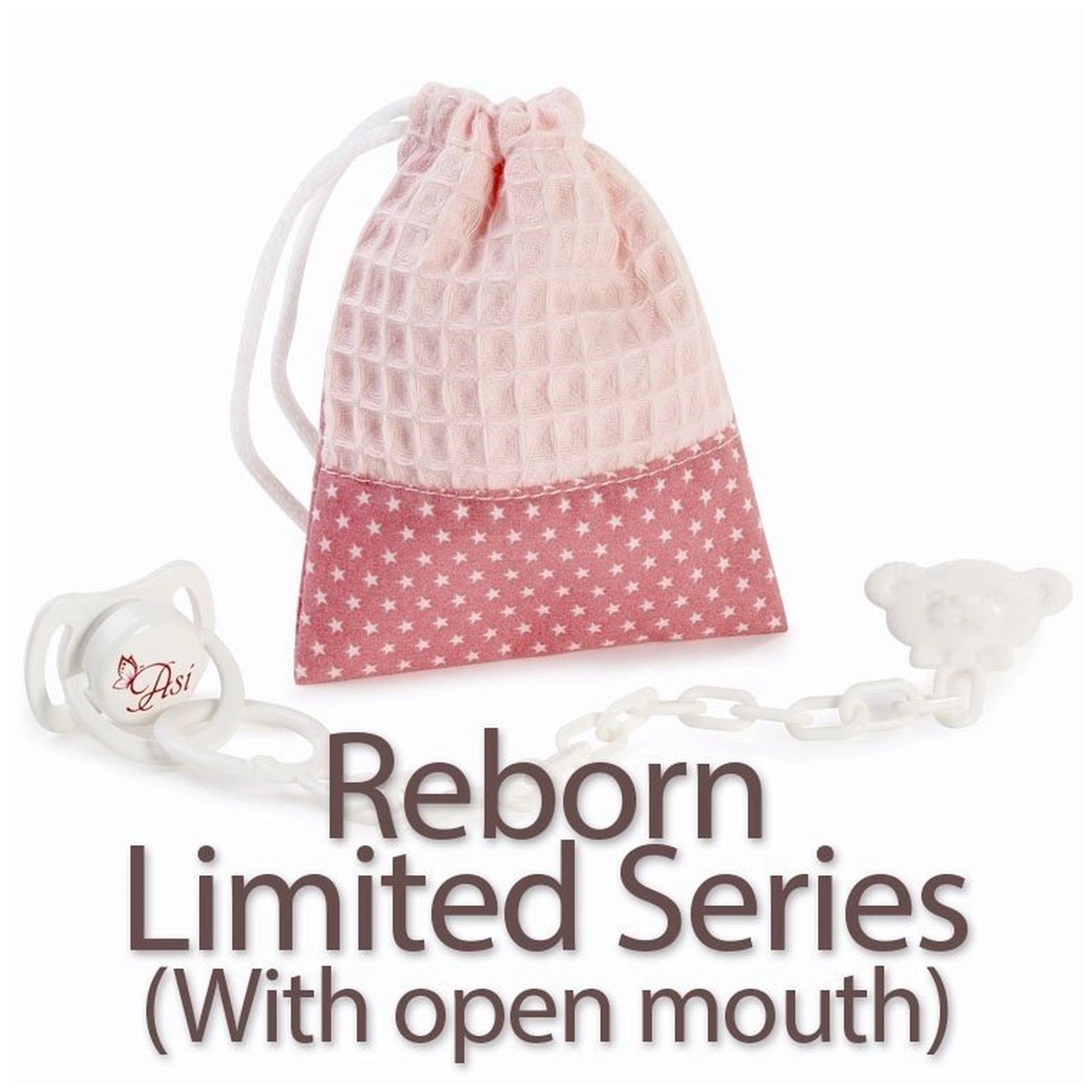 Pink star-patterned bag with ASI pacifier and bear-shaped clip for Reborn Limited Series dolls.