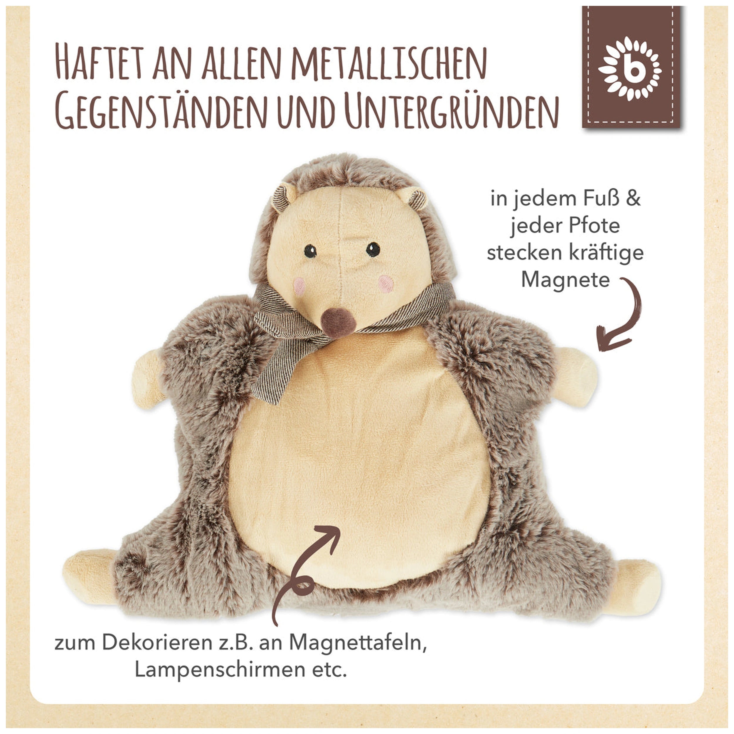 Soft stuffed hedgehog with a brown and oatmeal color scheme, featuring magnetic feet and a cute bow tie, ideal for cuddling.