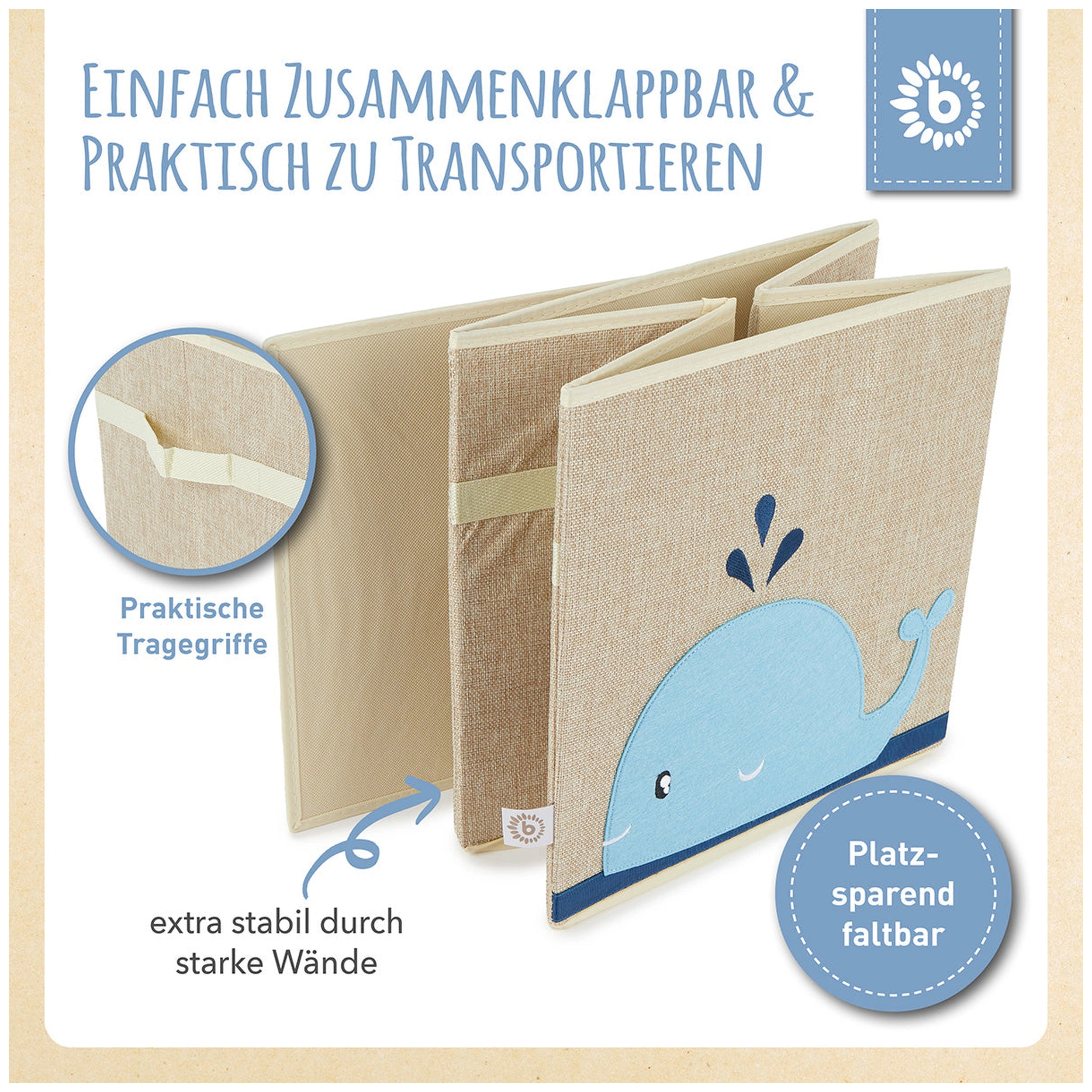 Whale storage box with a linen look in sand and sky blue, featuring sturdy walls and practical handles for easy transport.