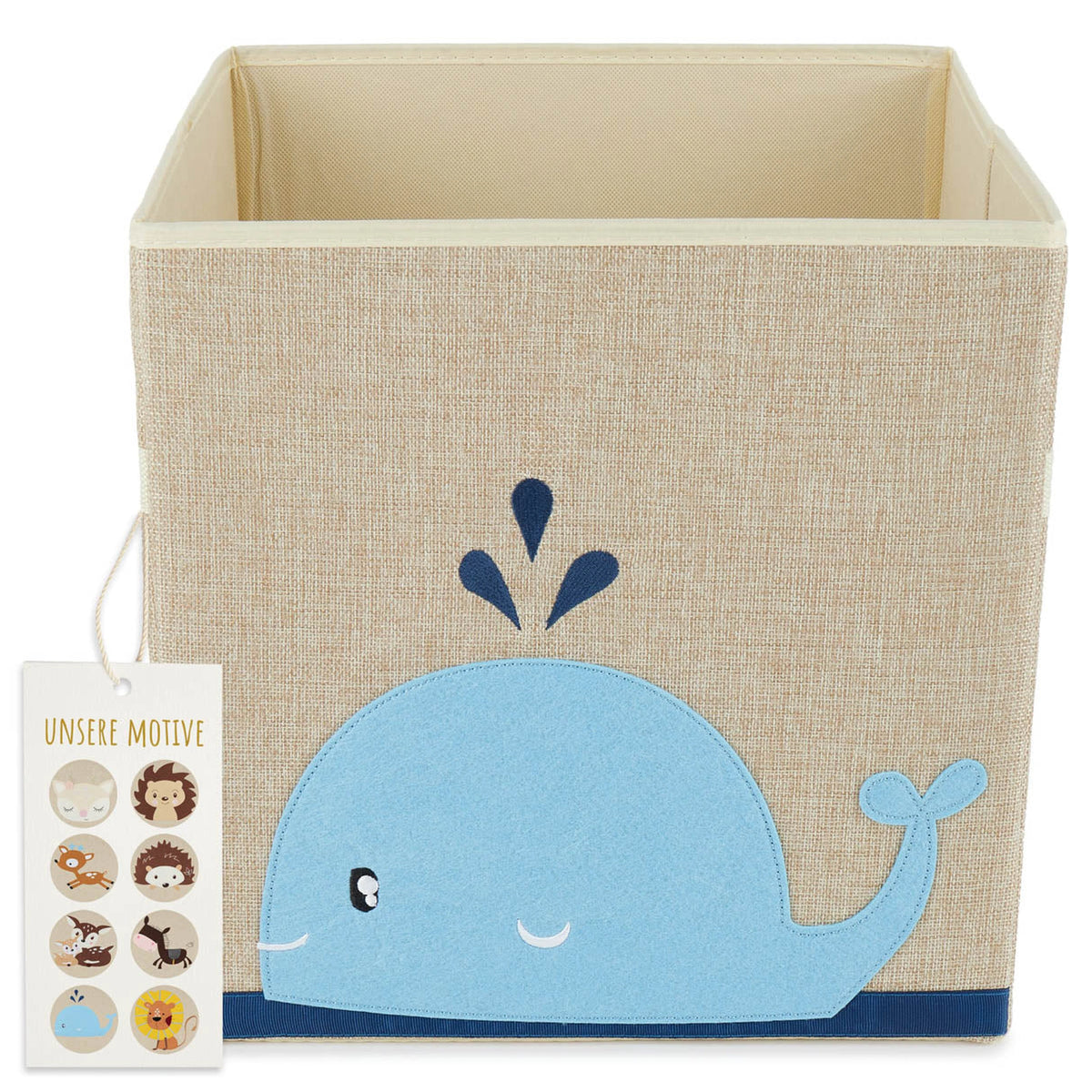 Whale-shaped storage box in soft blue with playful details, featuring a beige linen look exterior and sturdy construction.