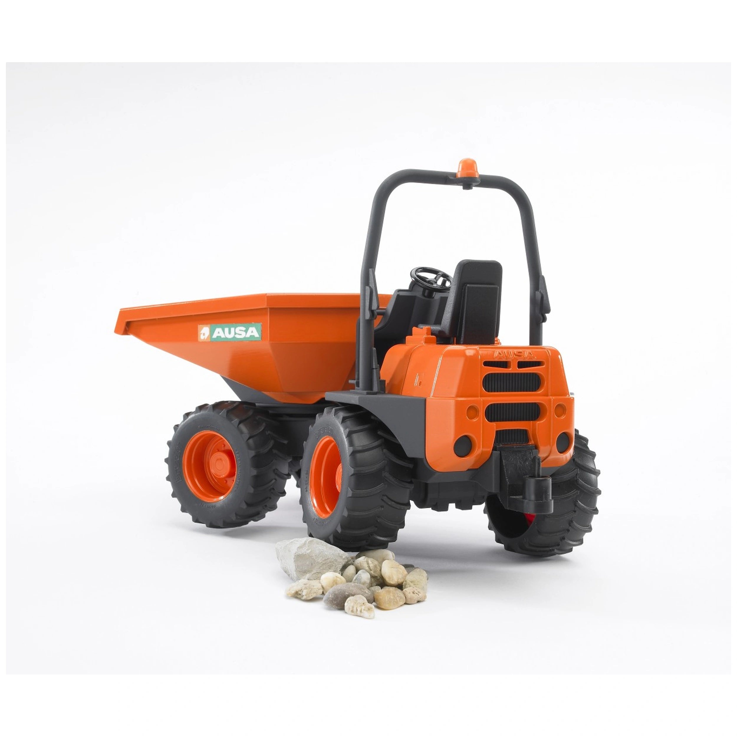 Orange Bruder AUSA Mini Dumper with rotating tipping trough, realistic details, rocks in front, on white background.