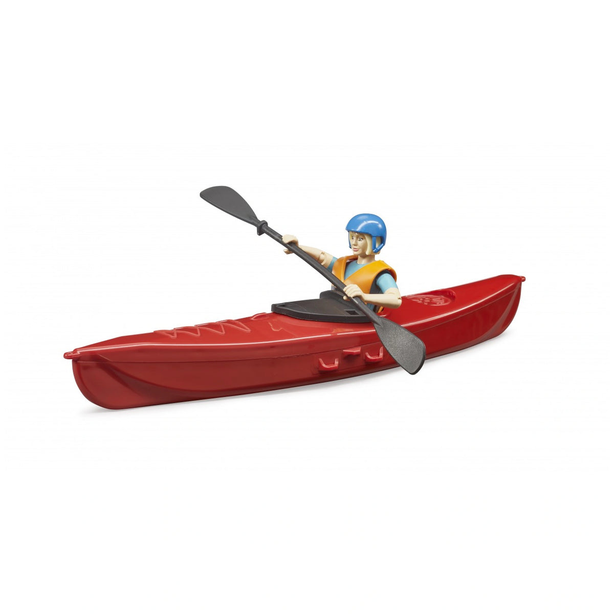 Toy figure kayaking in a red kayak, wearing a blue helmet and orange life jacket, holding a black paddle.